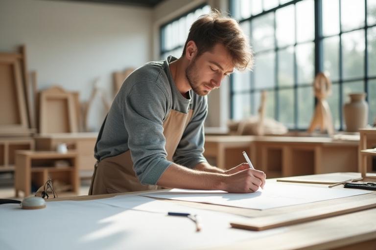 En designer som skisserer møbeldesign i et lyst verksted med trearbeid.